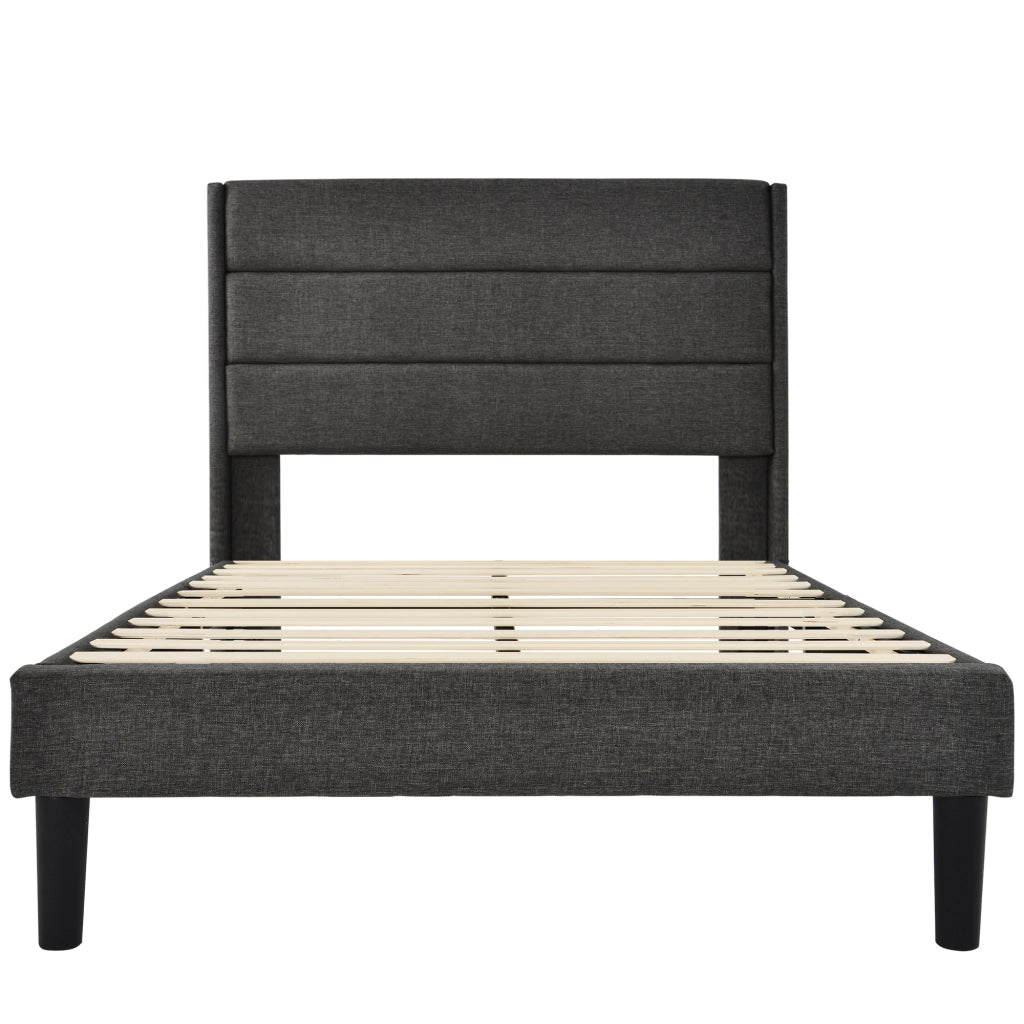 Letto imbottito 90x200 cm con rete a doghe, testiera imbottita, tessuto lino grigio scuro