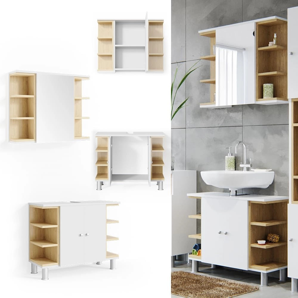 Set mobili bagno Aquis, Bianco, 79.6 cm, composto da specchio da bagno e mobile sottolavabo