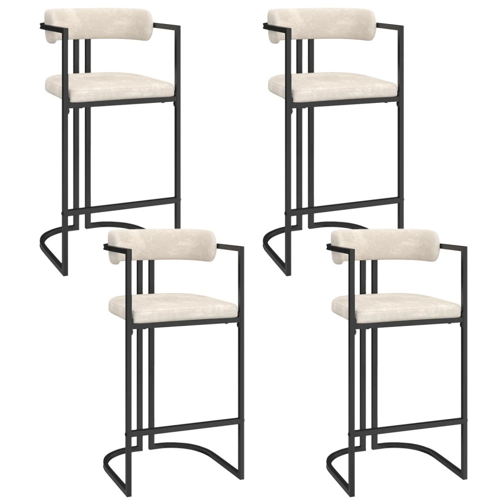 IDMarket - Set di 4 sgabelli da bar RONDY in tessuto ciniglia ecru con braccioli e gambe in metallo nero