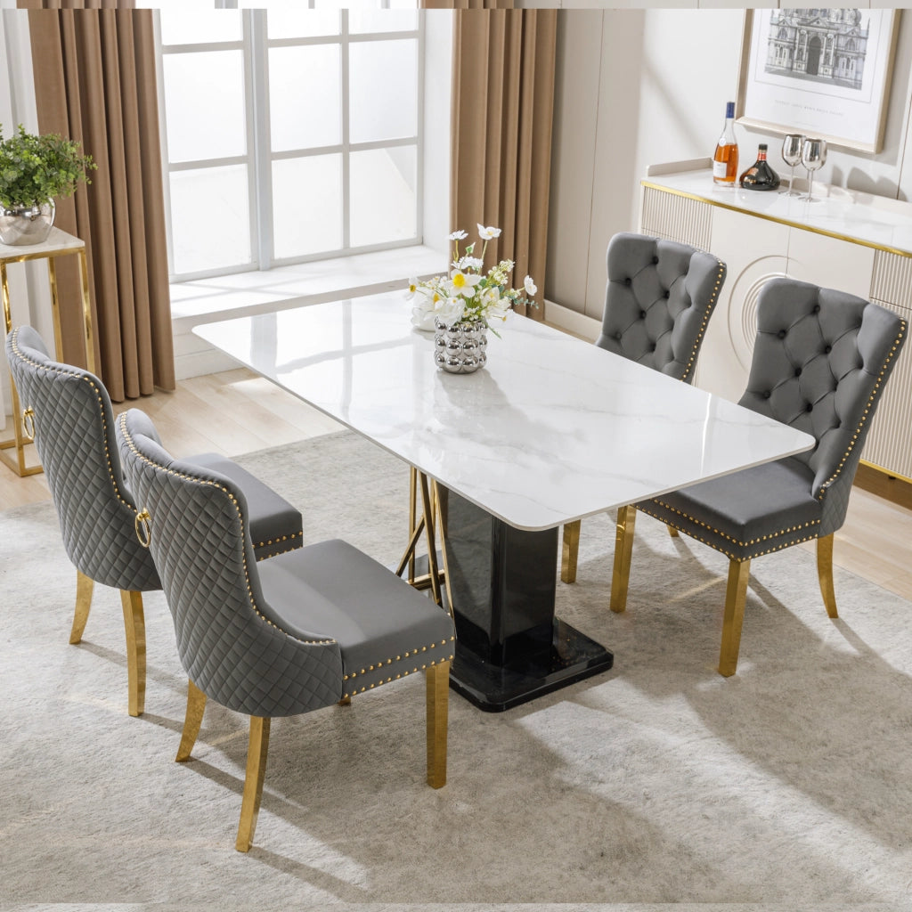 OKWISH Set di 4 Sedie da Sala da Pranzo con Anello sullo Schienale e Bordo Borchiato, Piedini Regolabili, Velluto Grigio