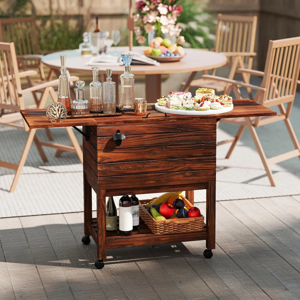 Frigorifero mobile per giardino, terrazza, piscina, 51 l, bar, 128 x 42,5 x 74 cm, 2-4 ore, 4 ruote universali, 2 ripiani laterali pieghevoli