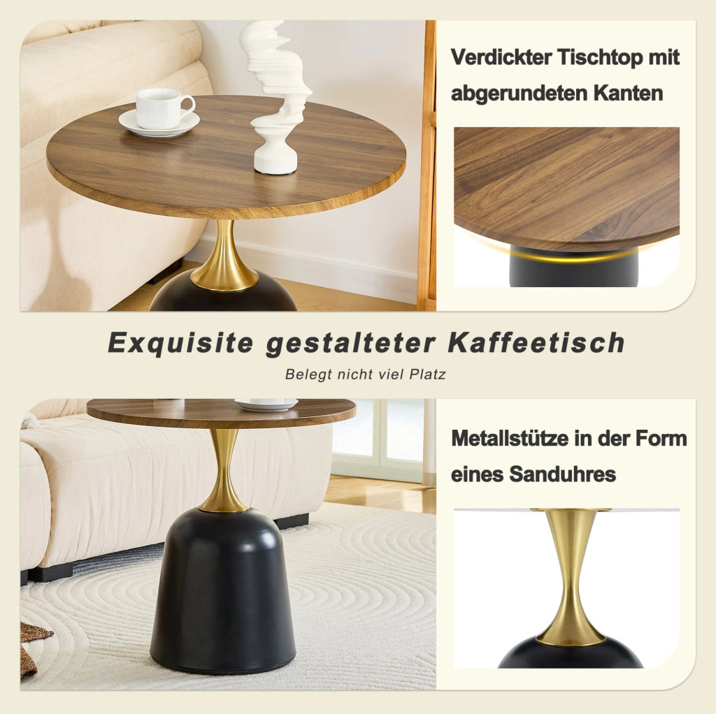 Tavolino rotondo multiuso in melamina noce e nero con base in metallo
