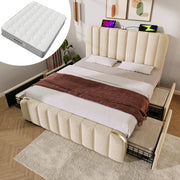 Letto matrimoniale imbottito 140x200 cm beige con 4 cassetti; USB e Type-C