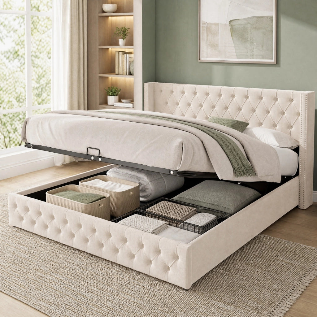 Letto matrimoniale 180x200 cm in velluto con contenitore idraulico; stile Chesterfield; beige
