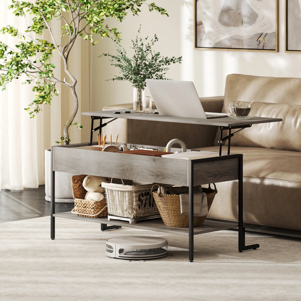Tavolino da caff¨¨ con piano sollevabile e ripiano aperto ¨C Zephmum ¨C Grigio 95x40x59 cm