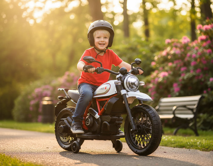 Moto Elettrica per Bambini Licenza Ufficiale Ducati Scrambler 12V 3,5Ah Bianco