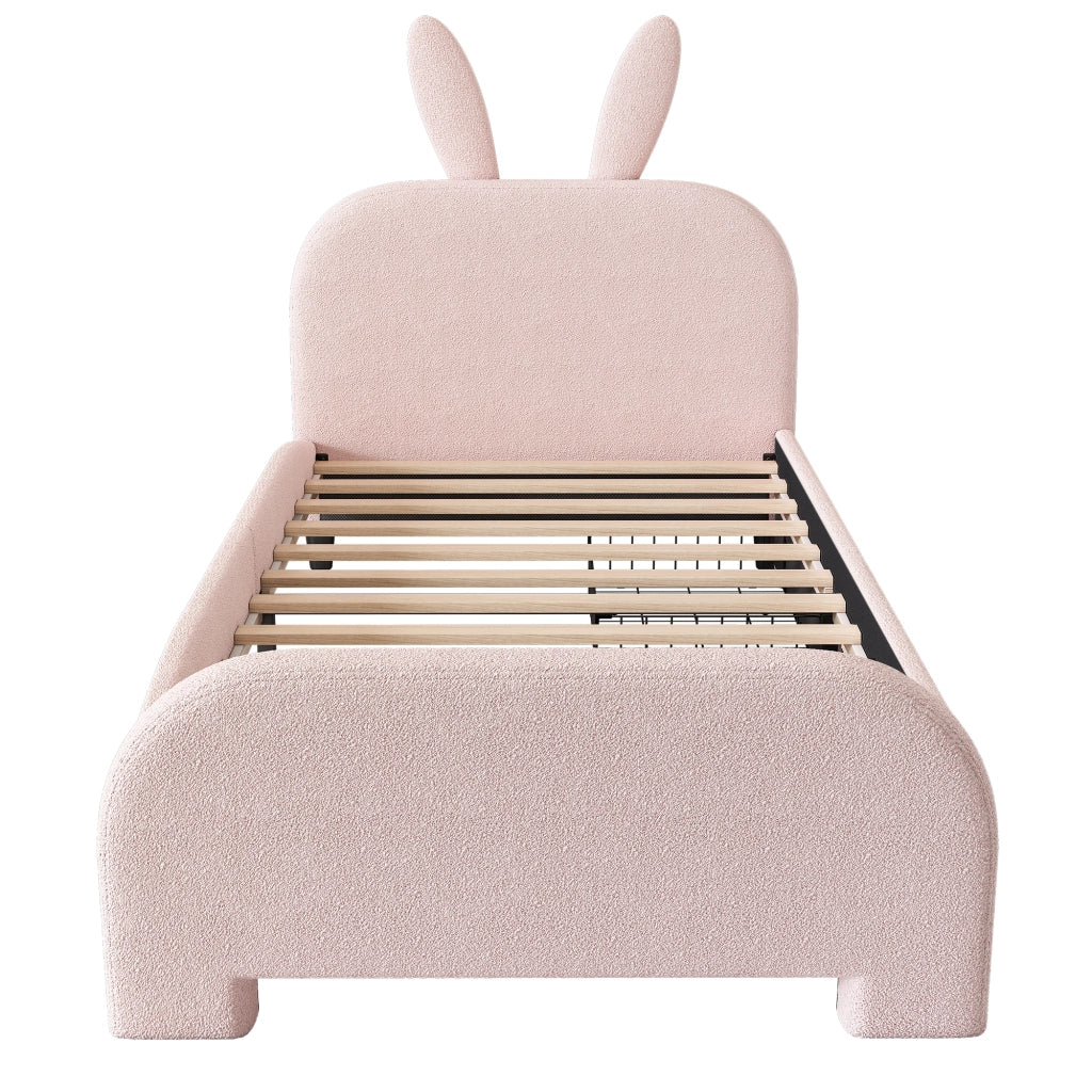 OKWISH Letto Bambini 90×200 cm, Letto Singolo con 2 Cassetti, Testiera a Coniglio e Contenitore, senza Materasso, Rosa