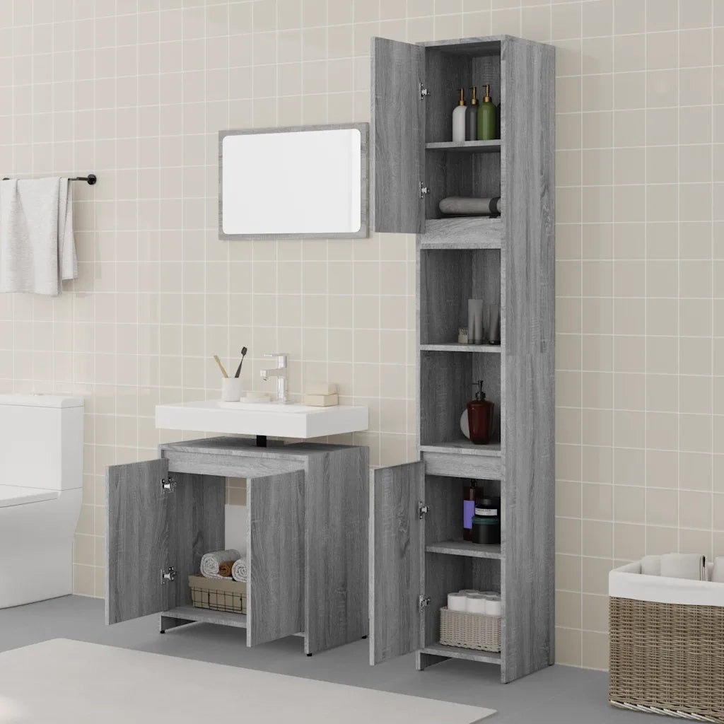 Set Mobili da Bagno | Armadio da bagno 3 pz Grigio Sonoma in Legno Multistrato