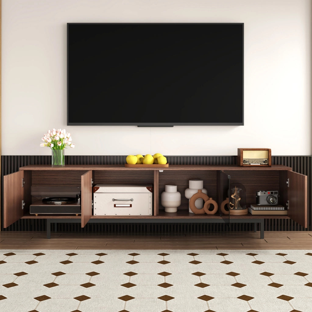 OKWISH Mobile TV con 2 Ante in Vetro Temperato e LED, Stile Moderno, MDF, Nero e Noce, 200 x 35 x 53 cm