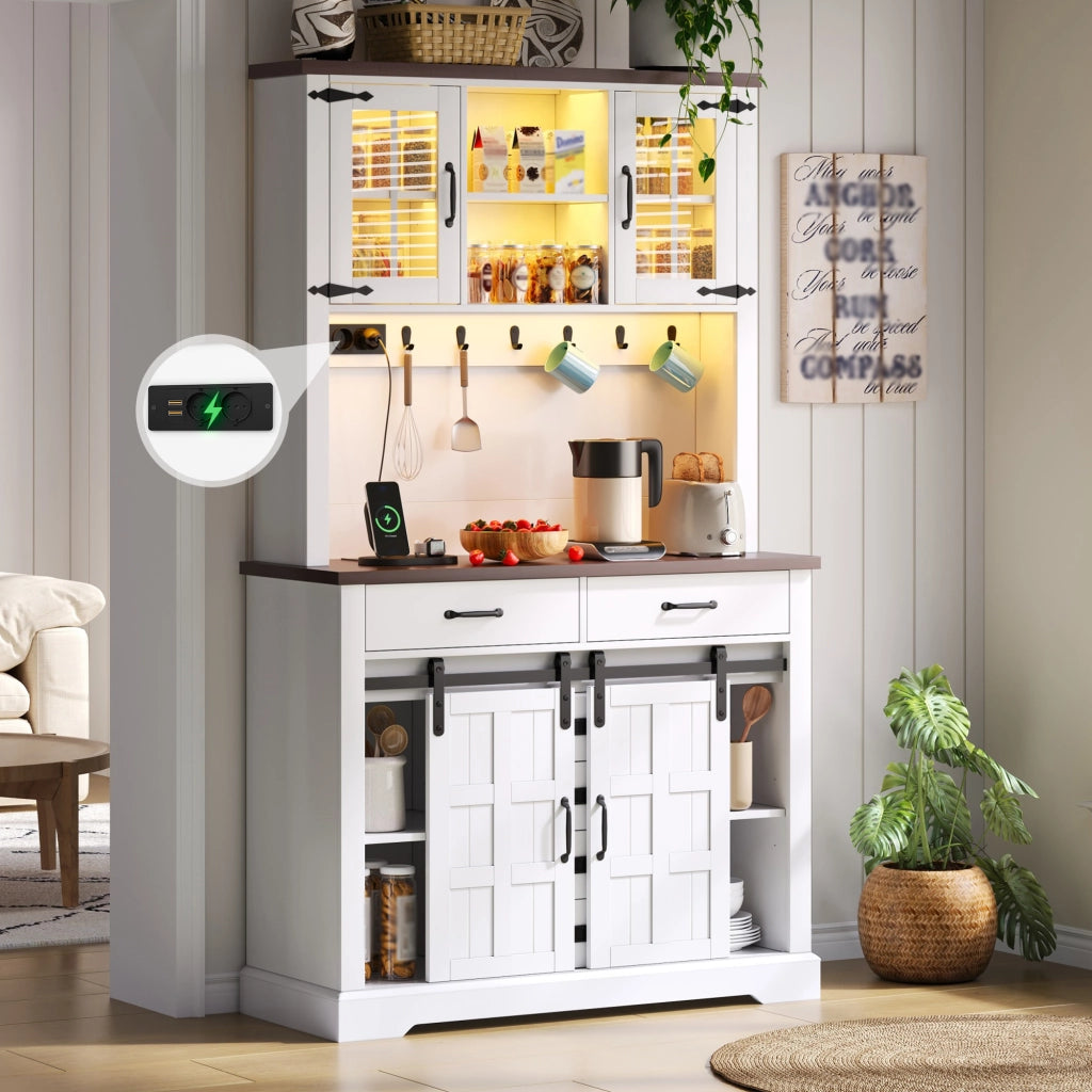 Credenza alta con LED RGB, 2 ante scorrevoli e 6 cassetti, per cucina e soggiorno, bianco, 108 × 40 × 180 cm