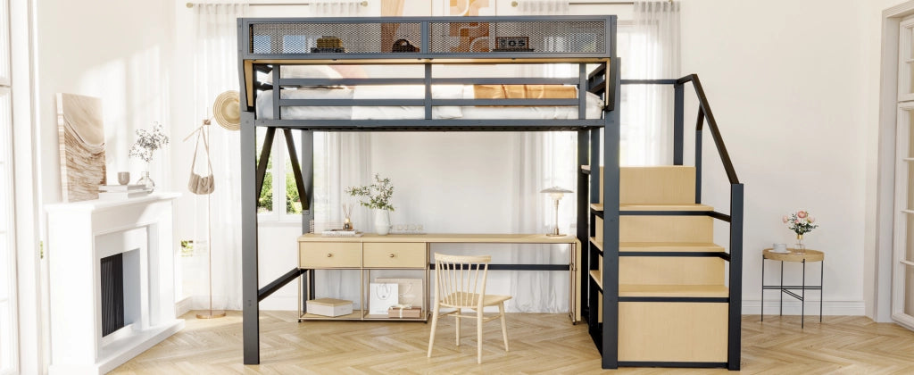 DESMIU Letto a soppalco 140 × 200 cm 2 posti con scala di sicurezza e ripiano rimovibile, senza materasso, nero