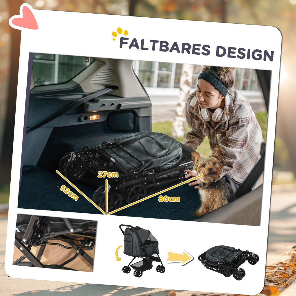 Carrello pieghevole per piccoli cani e gatti con cestino, finestre in rete e ruote girevoli in poliestere grigio scuro