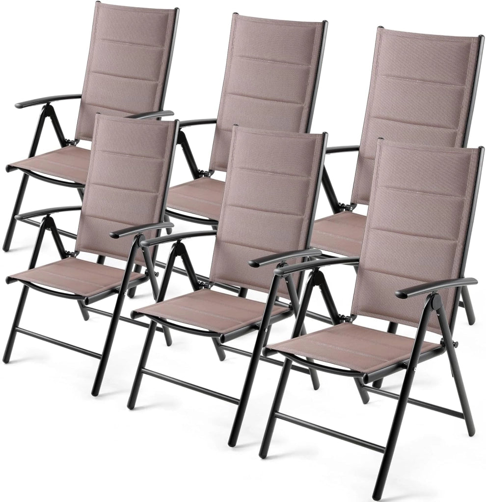 Sedia da giardino con schienale alto, pieghevole, set da 6 sedie da balcone in alluminio, con schienale trapuntato e seduta regolabile in 7 posizioni, fino a 120 kg, per sala da pranzo