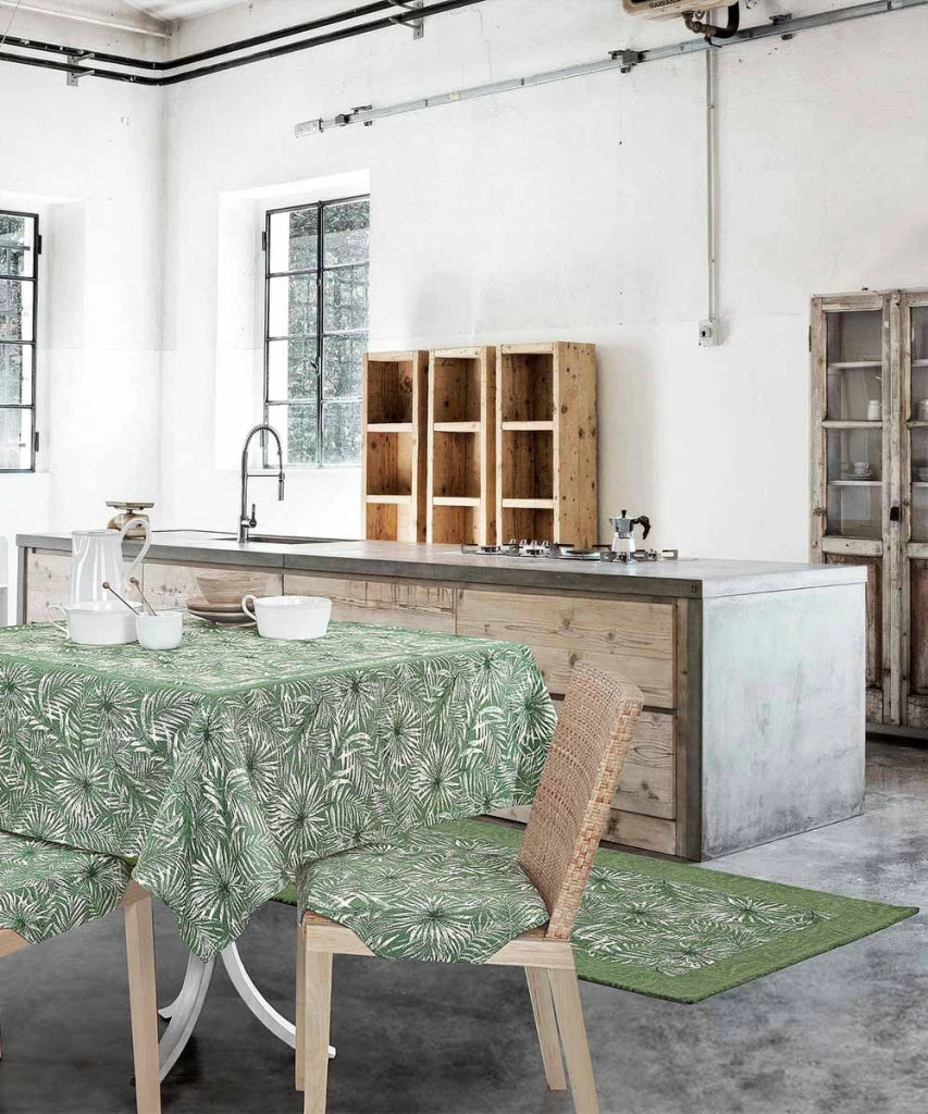 Tappeto passatoia moderno MALESIA VERDE disegno giungla tropicale natura foglie felci, tappetino bagno ingresso multiuso lavabile antiscivolo cm.55x80