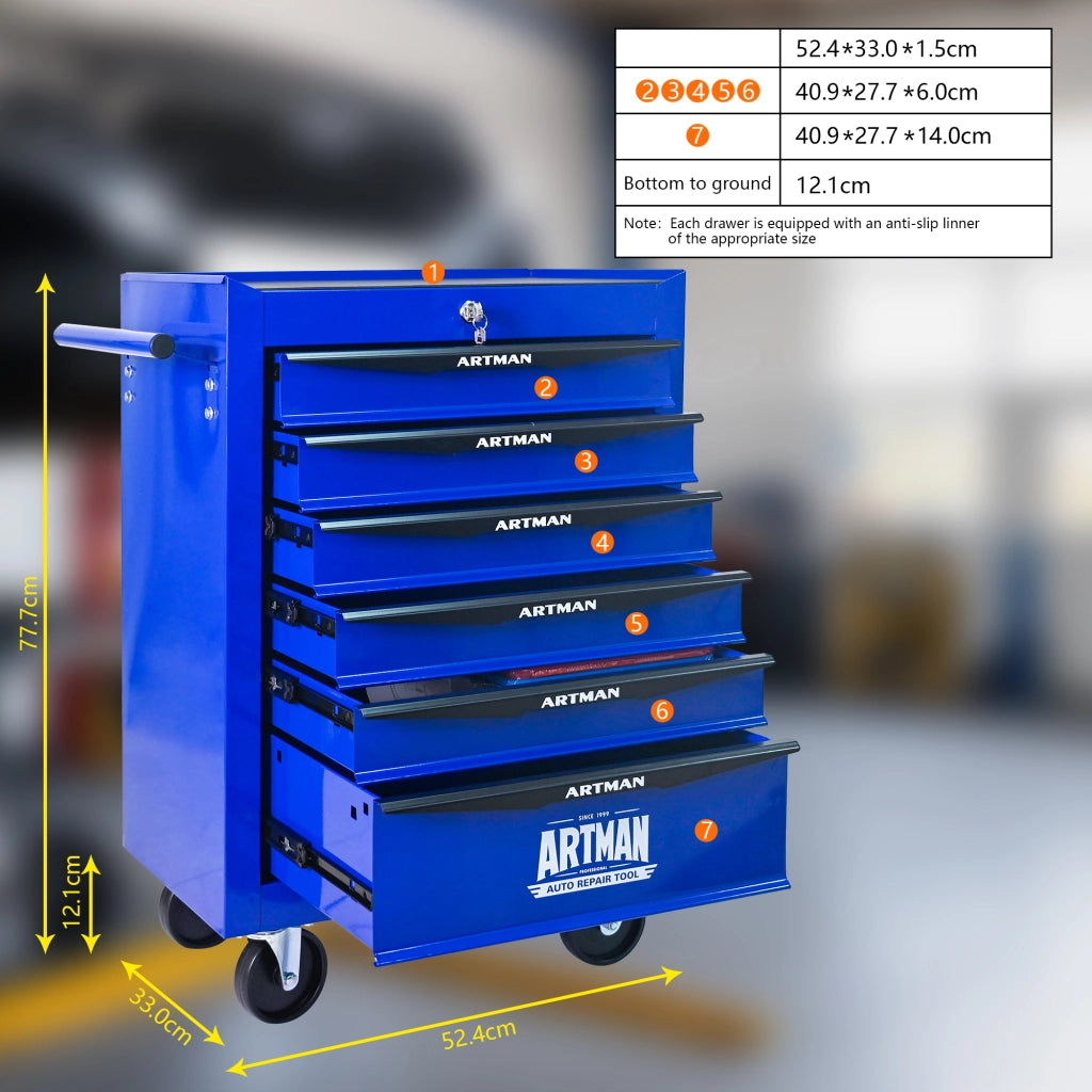 Carrello portautensili con 6 cassetti e serratura, in acciaio su ruote, per officina e garage, nero e blu