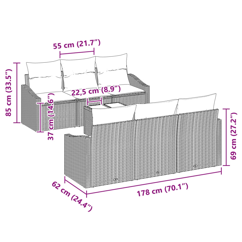 Set da Giardino 7 Pezzi con Cuscini Grigio in Rattan Sintetico
