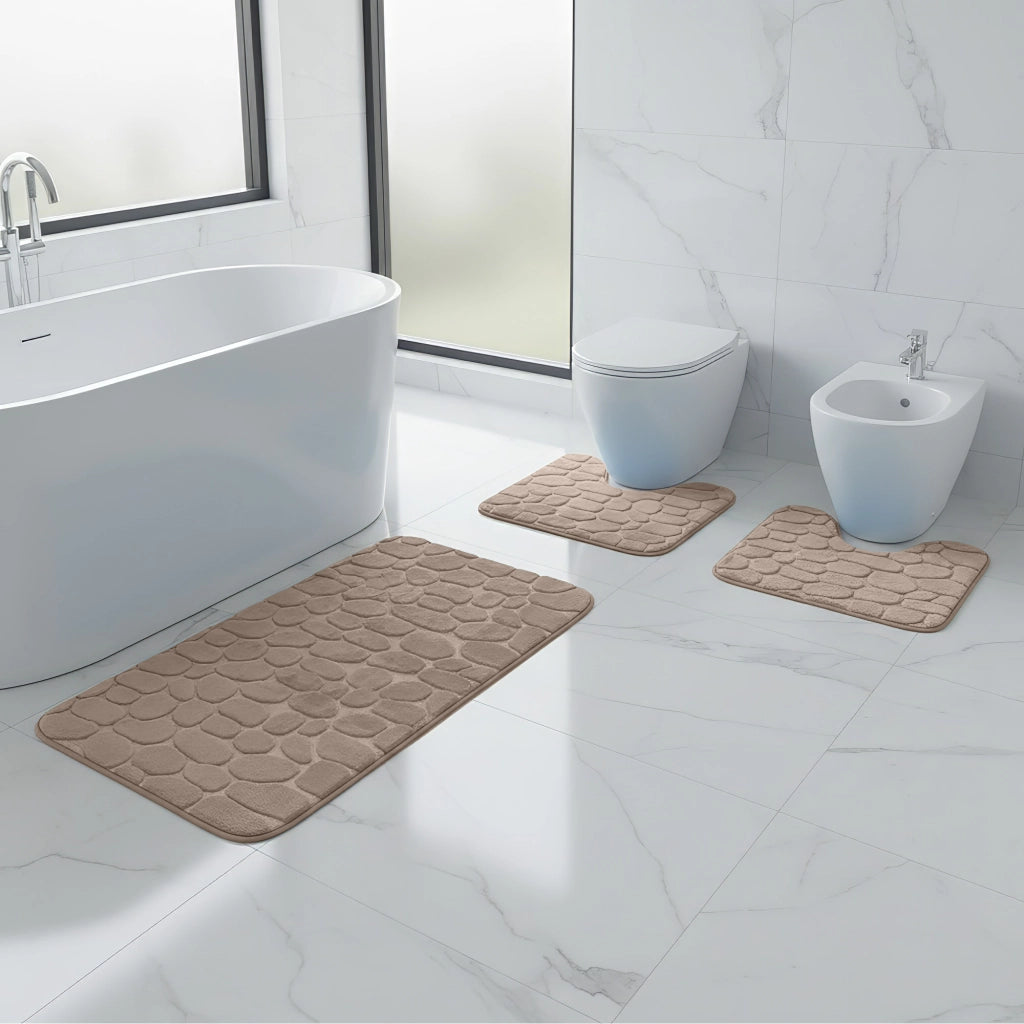 Set 3 Tappeti Bagno WC e Bidet Effetto Memory Morbidi Antiscivolo 1 Tappeto 45x75 cm +2 Tappeti 45x40 cm Assorbenti, Lavabili,Design Moderno Tortora