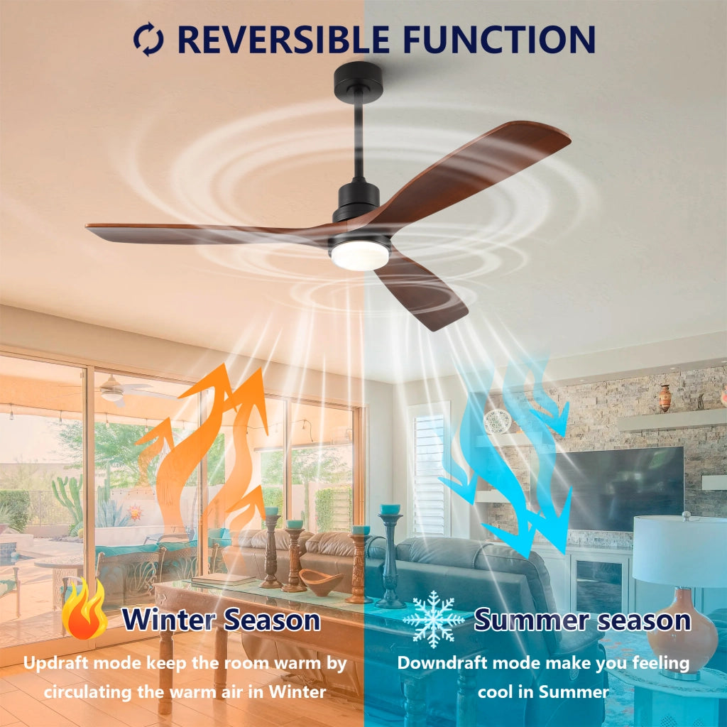 Ventilatore da soffitto 60 pollici ad elica, 3 pale legno massello, 3CCT, motore DC reversibile silenzioso, telecomando 6 velocit¨¤ con memoria