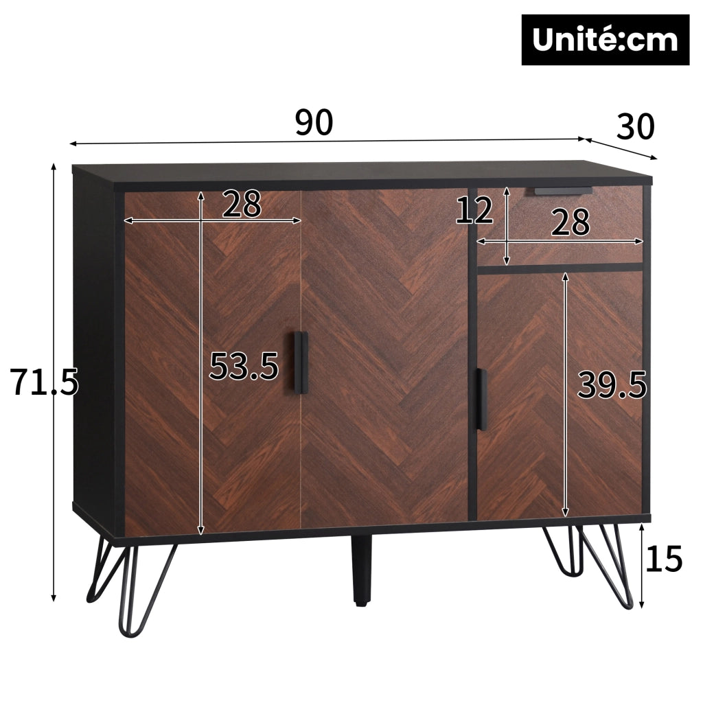 Credenza con 3 Ante e 1 Cassetto; Ripiani Regolabili in Altezza; Stile Moderno; in MDF; Nero e Legno; 90??30??71;5 cm