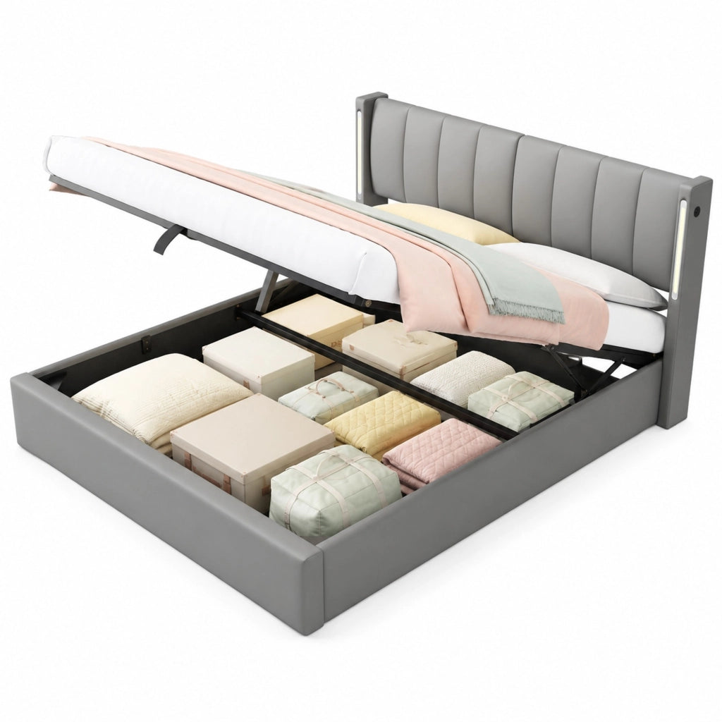 Letto imbottito 140x200 cm con USB e LED; testiera regolabile; PU grigio