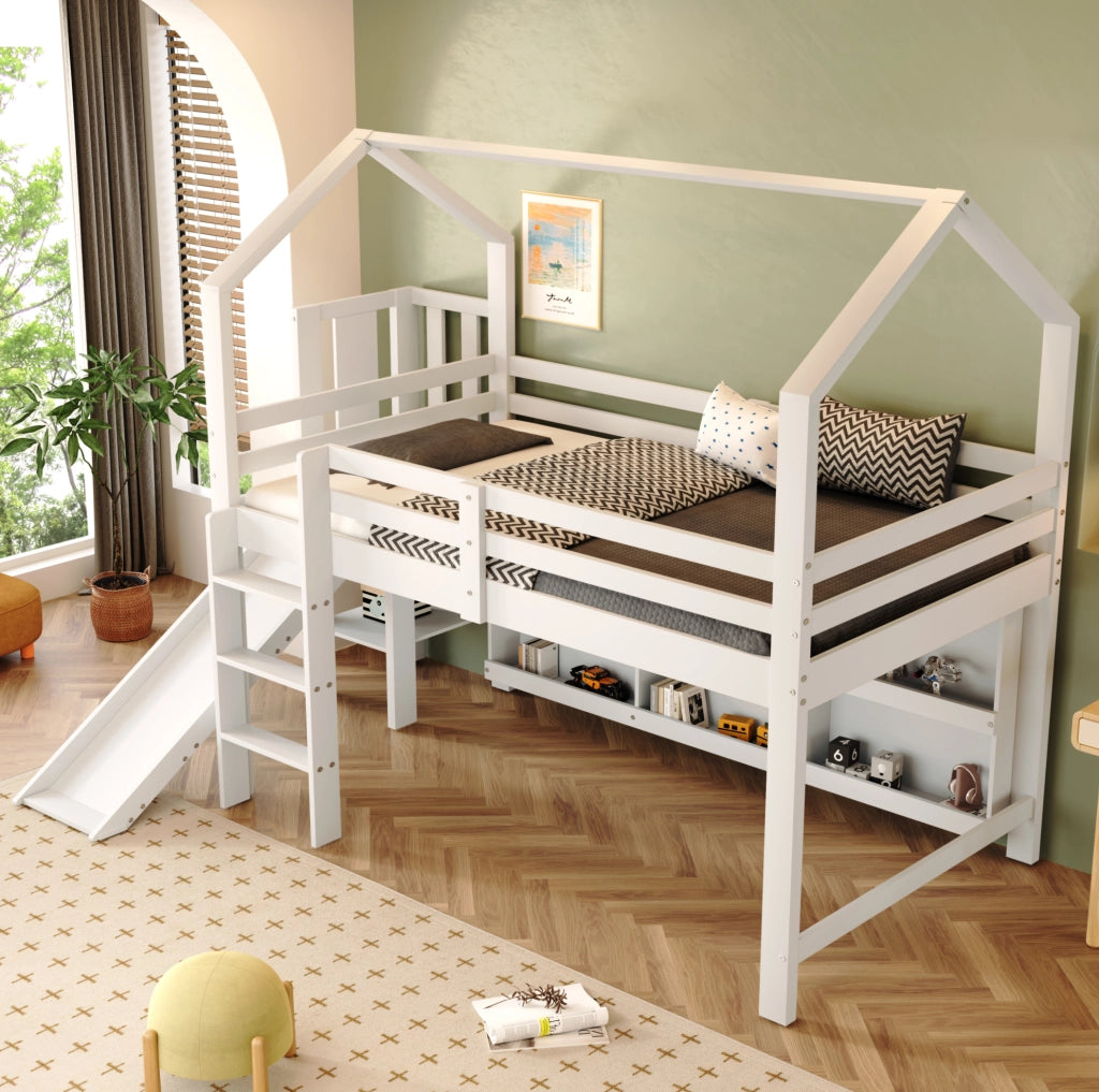 Letto singolo multifunzionale 90x200 cm con scivolo, vani e ripiani