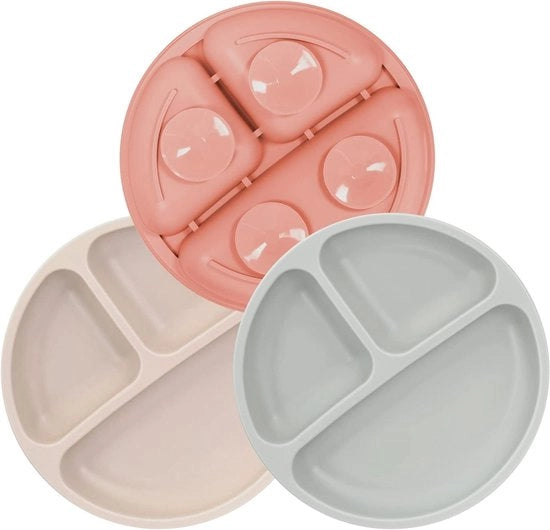 Piatti per bambini con gomma ad aderenza per tavolo, BPA libero, sicuri per il lavastoviglie, set di 3 - Grigio, Beige, Arancione, Rosso.