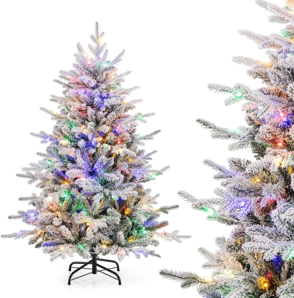 Albero di Natale Artificiale Innevato 135/186/218 CM, Albero di Natale con Cerniera e 8 Modalità luminose, 160/260/350 Luci LED Multicolori e 436/820 /1164 Punte di Ramo in PVC e PE (135 CM)