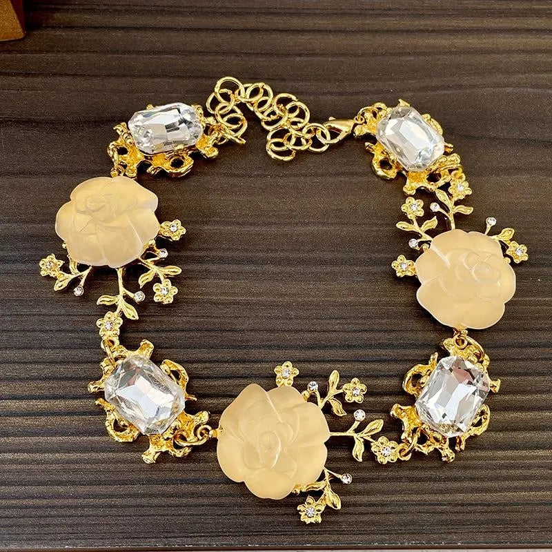 Collana vintage francese con rosa e diamanti, regalo di Natale o compleanno.