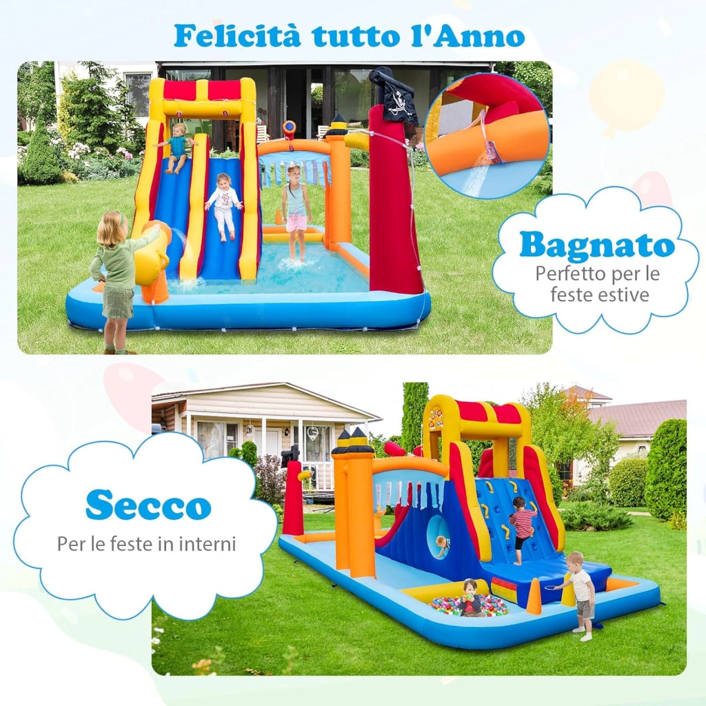 Castello Gonfiabile, Casa Gonfiabile con 2 Scivoli, Piscina, Parete da Arrampicata, Tunnel e Cannone d'Acqua, per Bambini di 3-10 Anni, 693 x 295 x 263 cm
