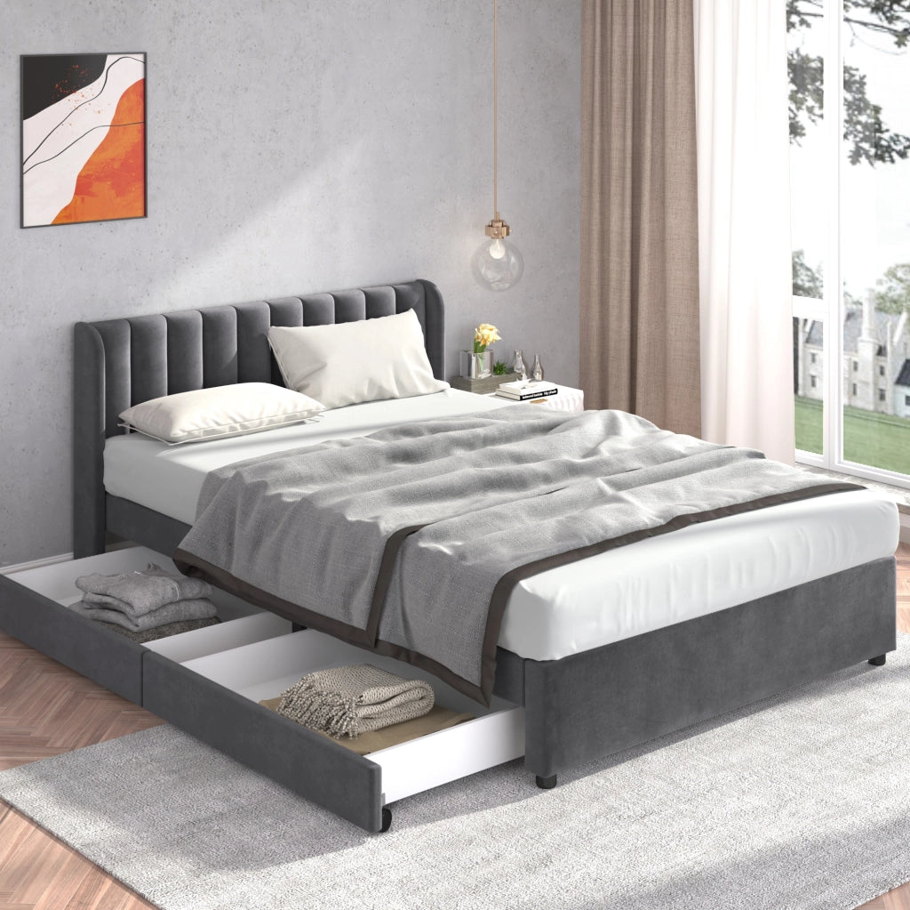 Letto imbottito 140x200 cm con testiera alta e 2 cassetti; velluto grigio (Senza materasso)