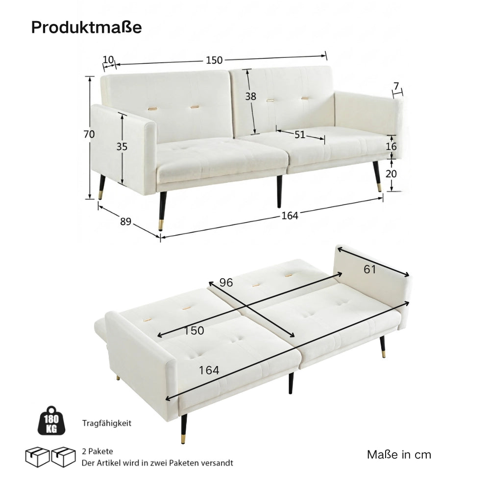 Divano letto 2 posti in velluto con schienali regolabili separatamente 5 posizioni beige 164 × 89 × 70 cm