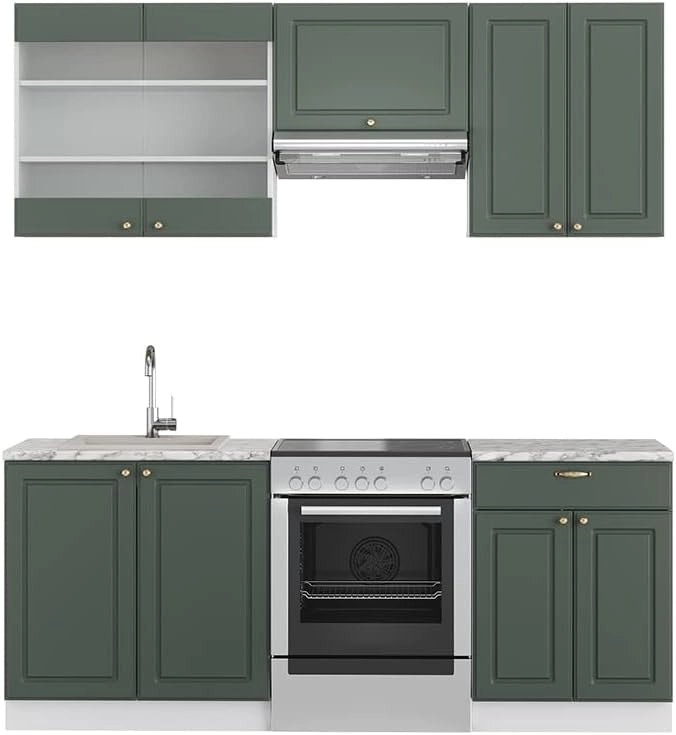 Cucina componibile Fame-Line, Quercia verde-oro Country/oro Power, 200 cm, PL Rovere, adatto per l'espansione personalizzata con moduli aggiuntivi