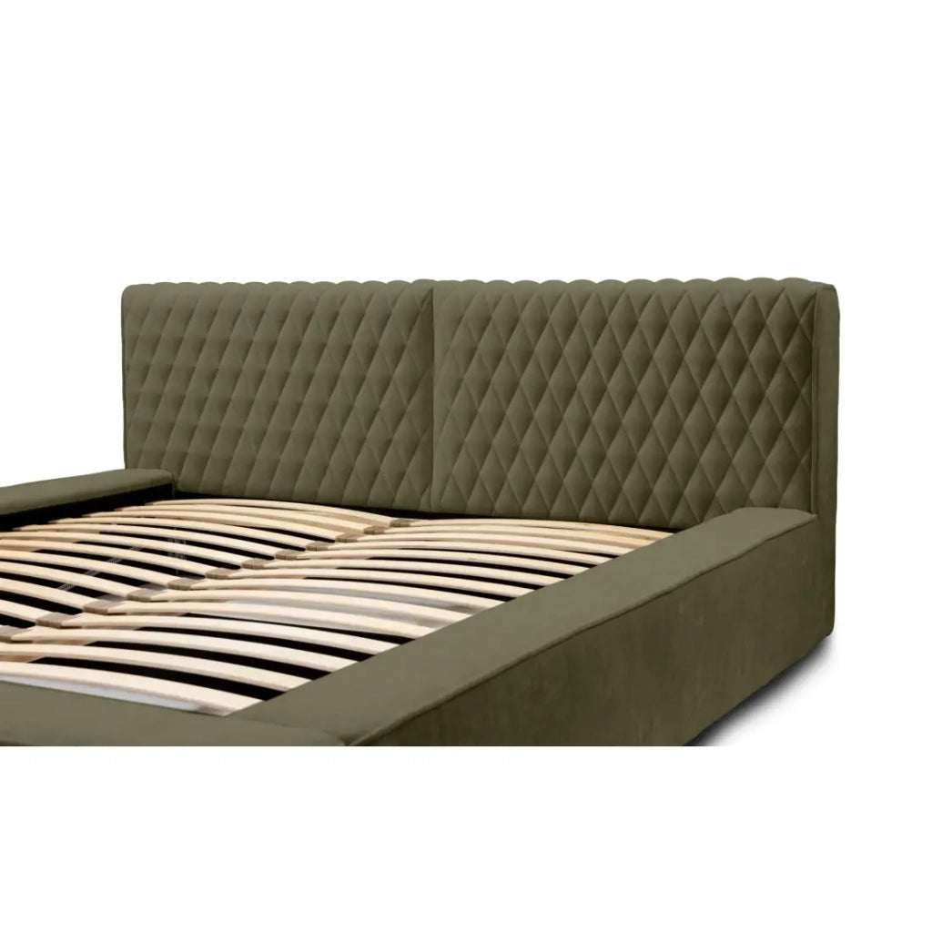 Letto contenitore VERNON – Tessuto bouclé di ciniglia Foglia d'olivo – 160x200 cm – Rete sollevabile – Design di alta gamma