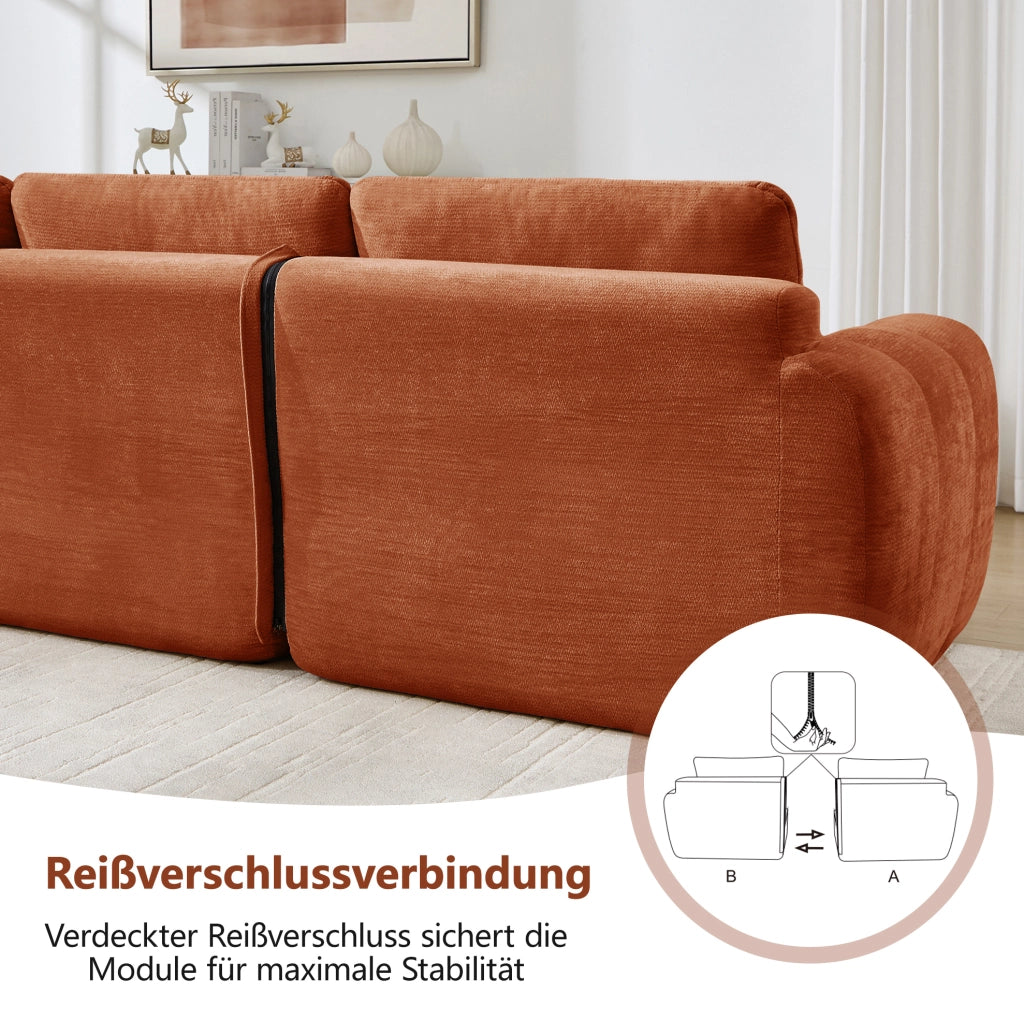 Divano modulare 2 posti con 2 pouf in chenille arancione; struttura senza telaio 194x160x68 cm
