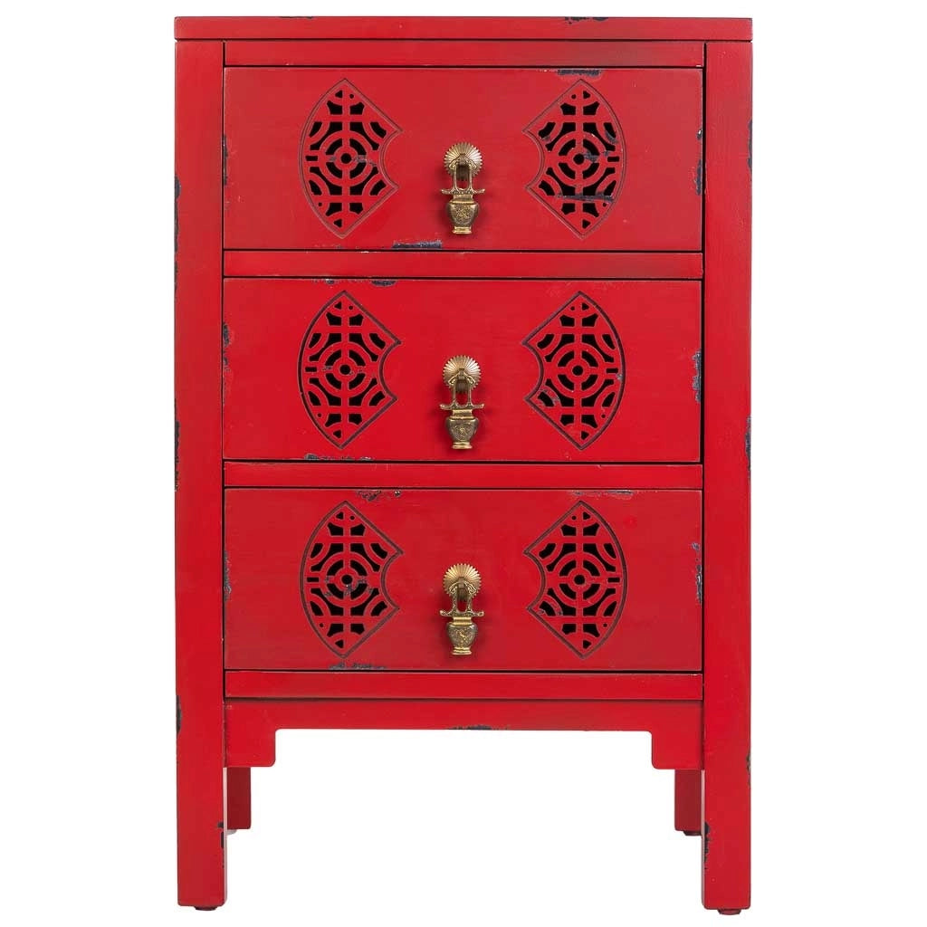 Mesita de madera con 3 cajones rojo 45x36x70