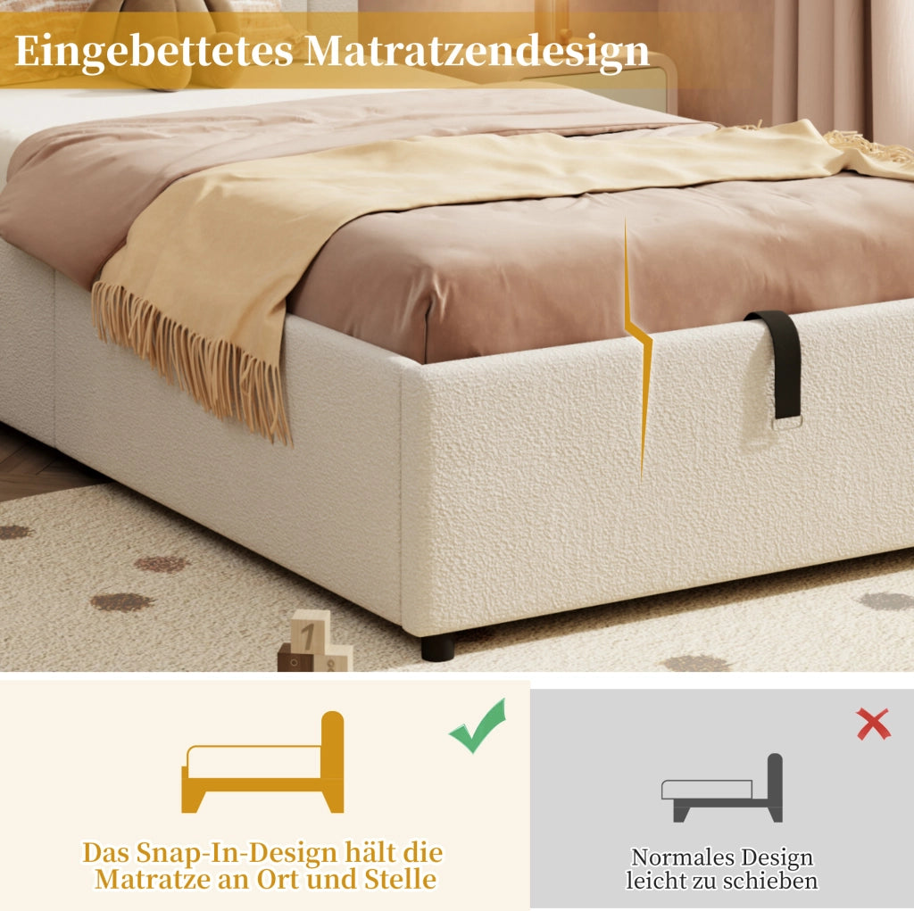 Letto imbottito 90x200 cm con contenitore idraulico; testiera imbottita; bouclé beige