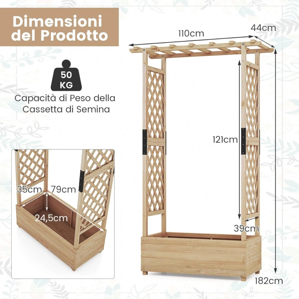 Fioriera rialzata da giardino con grigliato Fori di drenaggio, Aiuola verticale per piante rampicanti vite fiore Naturale 110 x 44 x 182 cm