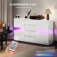 Credenza Moderna con LED Regolabile con Telecomando, 4 Cassetti e 2 Armadietti, 120x34x70 cm, Bianco