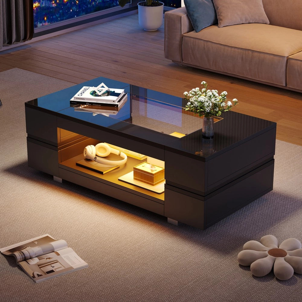 Tavolino da Caff¨¨ LED con Bluetooth ¨C MINIMAL ¨C Nero, Doppio Piano, Lucido