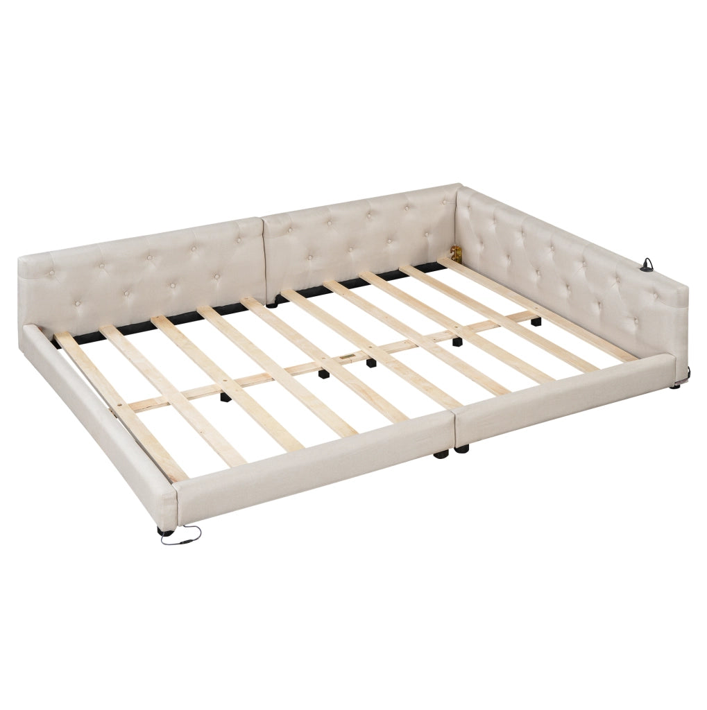Letto 140x200 cm con LED; USB e Type-C in lino beige