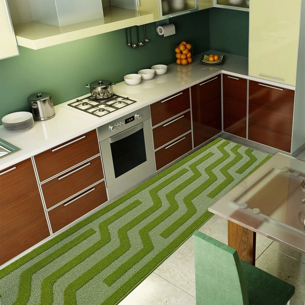 Tappeto Cucina A Righe 57x115 Cm 3D Morbido Bordato Passatoia Ingresso Assorbente Antiscivolo Verde
