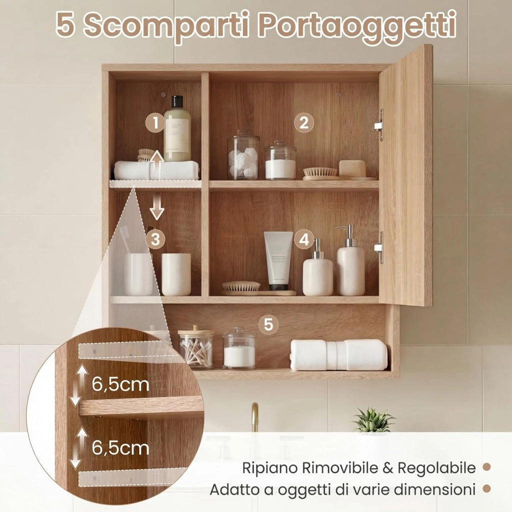 Mobile Bagno con Specchio da Parete, Specchiera Salvaspazio in Legno con Ripiano Regolabile e Scomparti Aperti, Armadietto Pensile per Bagno, Soggiorno e Cucina, 55 x 16,5 x 61 cm (Naturale)