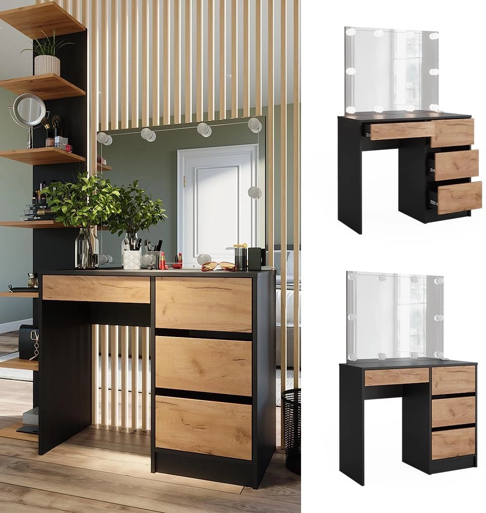 Tavolo da toilette Sherry, Antracite/quercia dorata, 90 x 75 cm con specchio e illuminazione a LED, sgabello regolabile in altezza con funzione girevole a 360° per adattamento della seduta