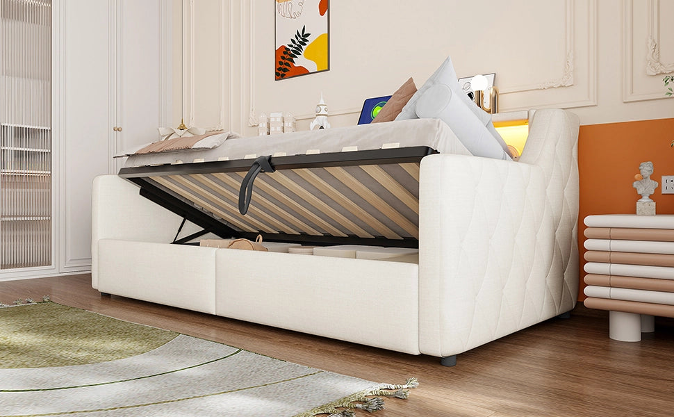 Letto divano 90 × 200 cm con contenitore idraulico, LED, USB e Type C, senza materasso, beige moderno