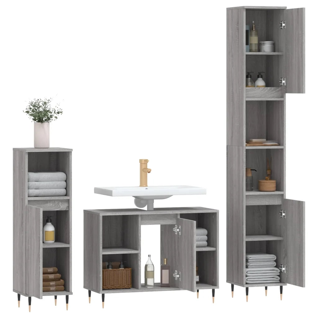 Set Mobili da Bagno 3 pz Grigio Sonoma in Legno Multistrato 3190297