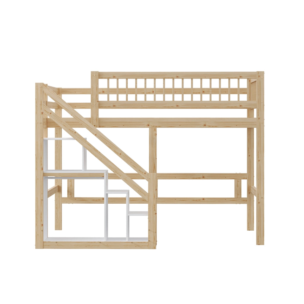 Letto a Soppalco Letto Matrimoniale con Scala Contenitore e Sponda Alta 140×200 cm; Senza Materasso; Legno Naturale