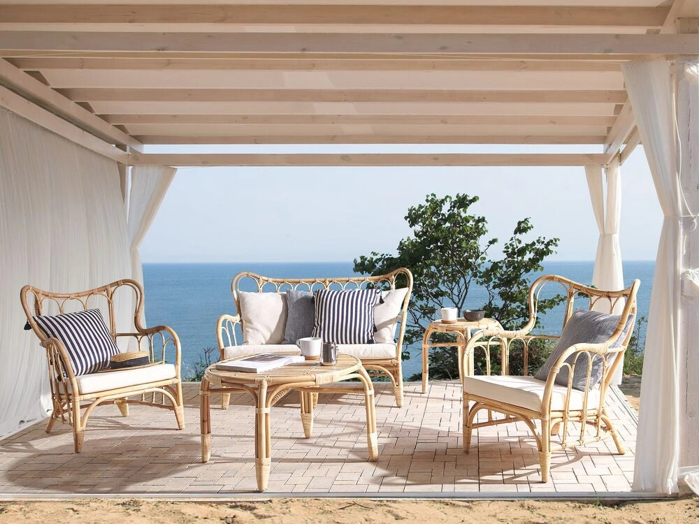 Set Divani Da Giardino Beige Rattan Naturale 2 Tavoli 2 Poltrone Divano Cuscini Per Interni Esterni Boho
