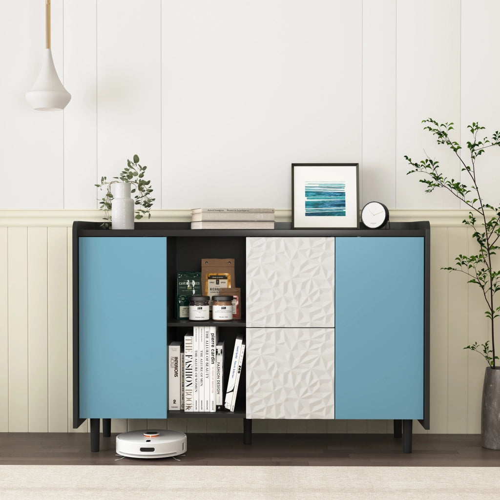 Credenza con 2 Cassetti; 2 Vani Aperti e 1 Anta per Cucina in MDF 120 × 40 × 80 cm Nero e Blu