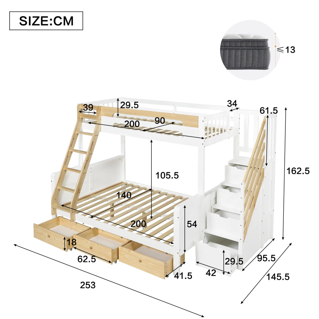 Letto a Castello 90x200 cm e 140x200 cm con Scaletta; 3 Cassetti; Bianco e Naturale