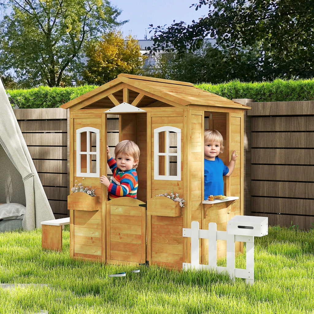 Casetta in legno per bambini con porta, finestre, panchina e recinzione ¨C zephmum ¨C per 3-6 anni